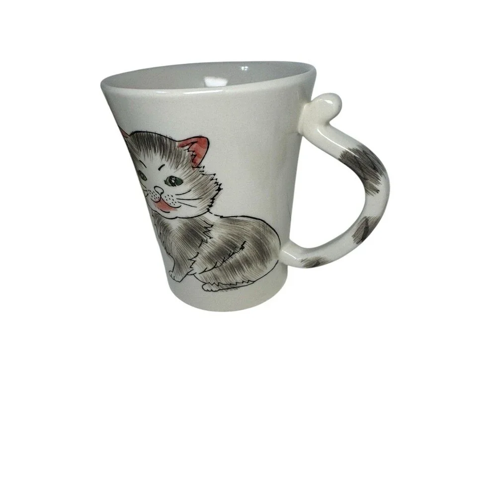 Pier 1 Imports Double Sided Huge Gray Kitten Tail Handle Coffee Mug tea Ceramic